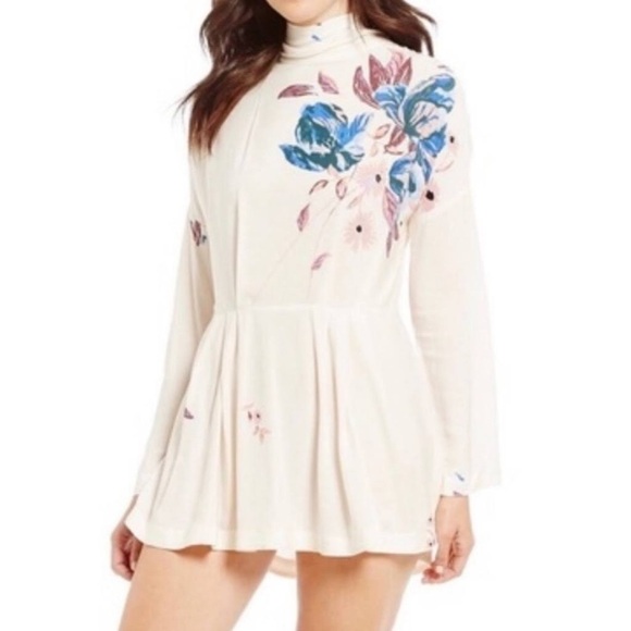 Free people Cream Floral Gemma tied back Tunic Festival mini Dress size XS - Picture 4 of 16